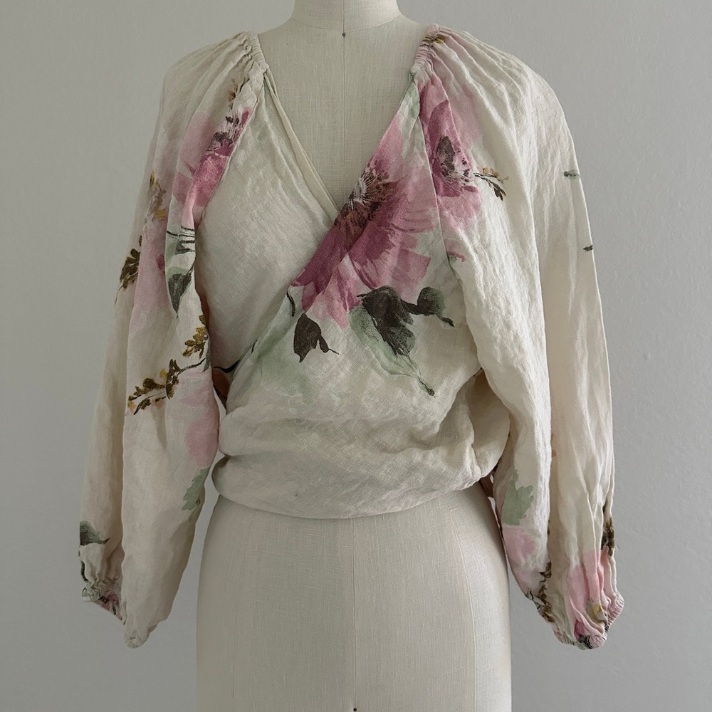 Floral Linen Wrap Top Womens M Cream Pink Balloon Sleeve Boho Tie Waist